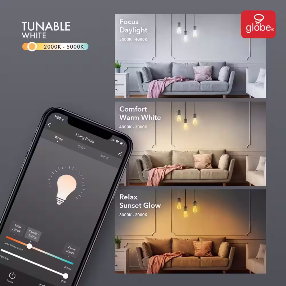 Globe Electric Wi-Fi Smart 60 Watt Equivalent ST19 Dimmable Amber Glass Vintage Edison LED Light Bulb, Tunable White Light