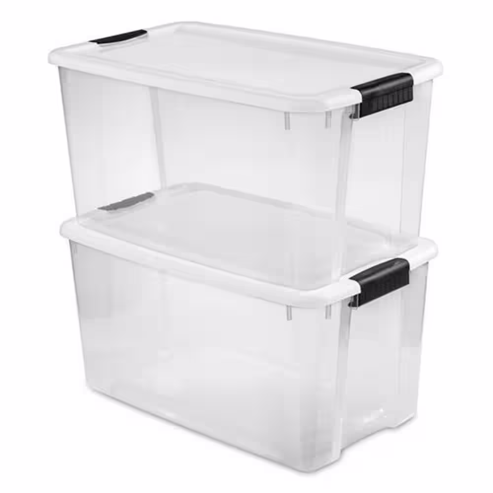 Sterilite 70 Qt. Plastic Stacking Storage Box in White Lid and Clear Base with Black Latches (12-Pack)