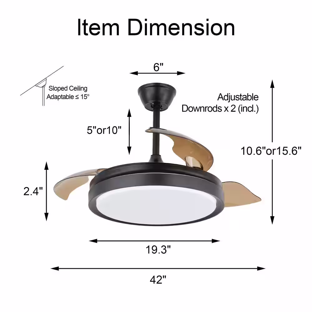 Bella Depot 42 in. Indoor Black Retractable Ceiling Fan with LED Light and Remote, 6-Speed Reversible Ceiling Fans