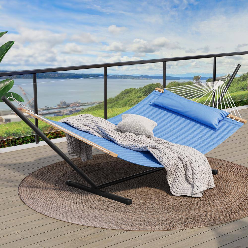 DEXTRUS 2-Person 12 ft. Free Standing Metal Hammock Stand with Detachable Pillow in Blue