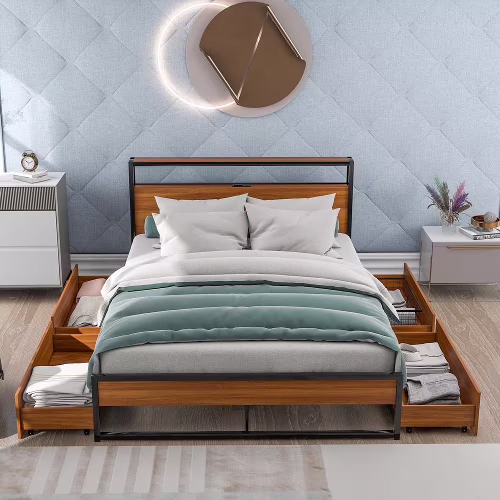 None 62 in. W Queen Size Black Metal Platform Bed Frame with 4 Drawers, Sockets, USB Ports, and Metal Support Slats