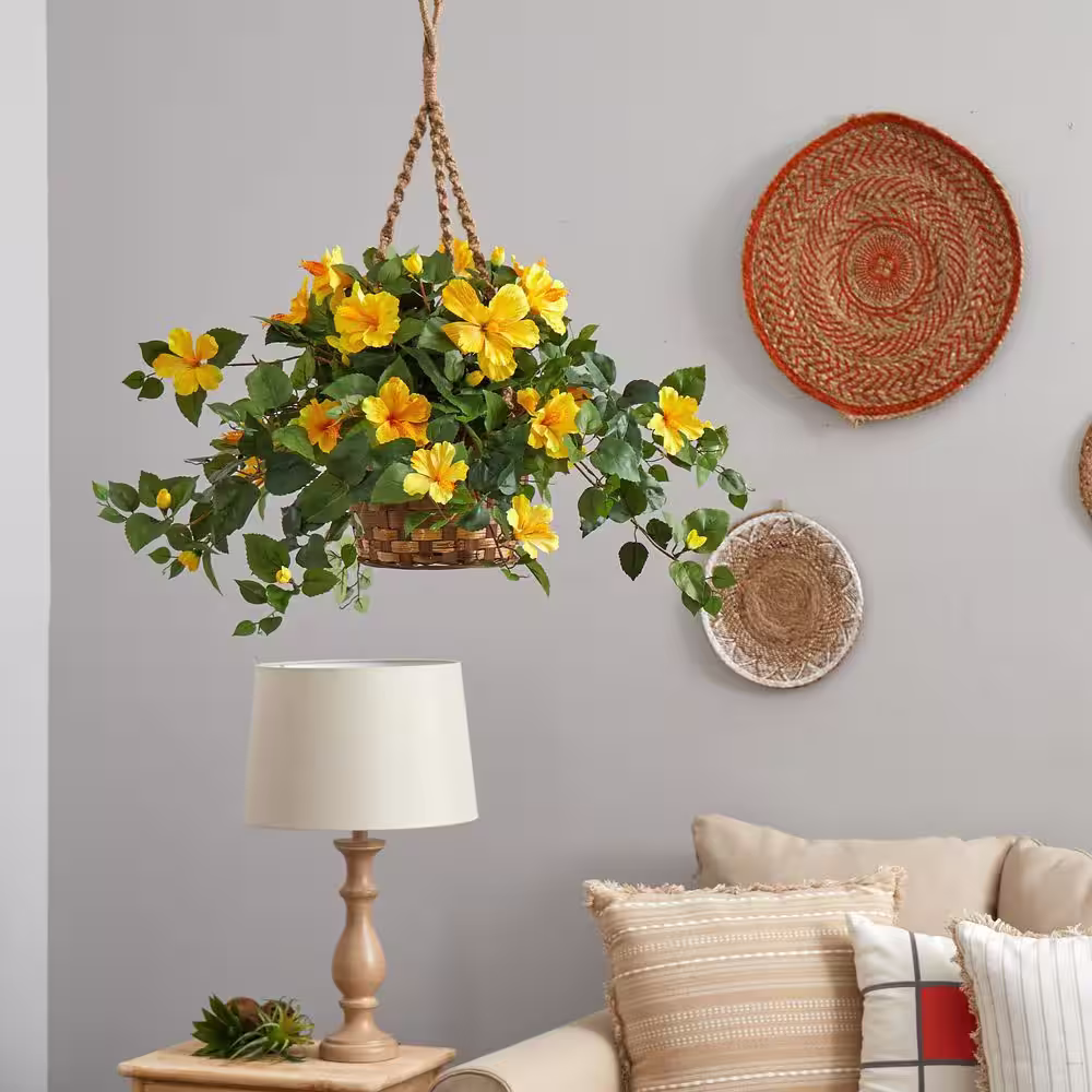 Nearly Natural 22 in. Artificial Hibiscus Hanging Basket