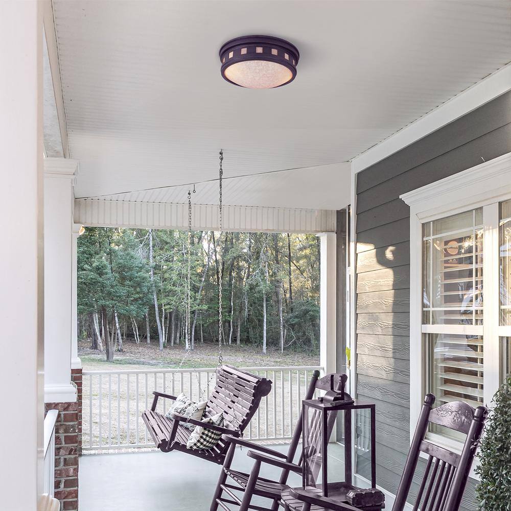 Designers Fountain Sedona 2-Light Oil Rubbed Bronze Outdoor Ceiling Flush Mount Light with Amber Glass Shade