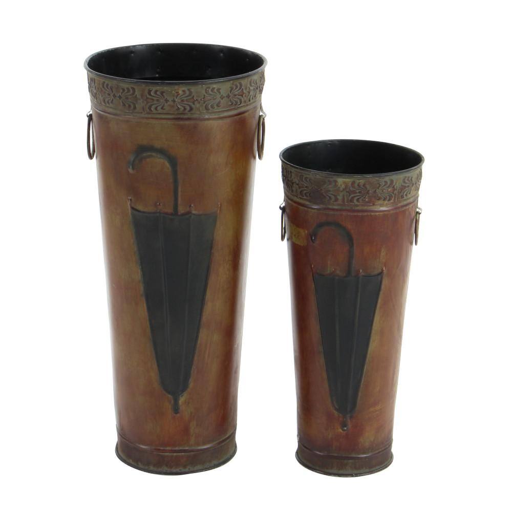 Litton Lane Brown Metal Umbrella Stand with Umbrella Image and Handles (Set of 2)