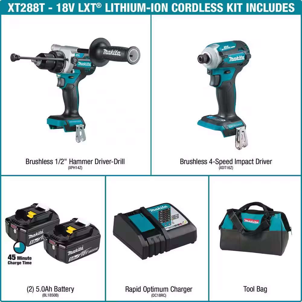 Makita 18V LXT Lithium-Ion Brushless Cordless Combo Kit 5.0 Ah (2-Piece) with bonus 116 MPH 459 CFM 18V LXT Brushless Blower