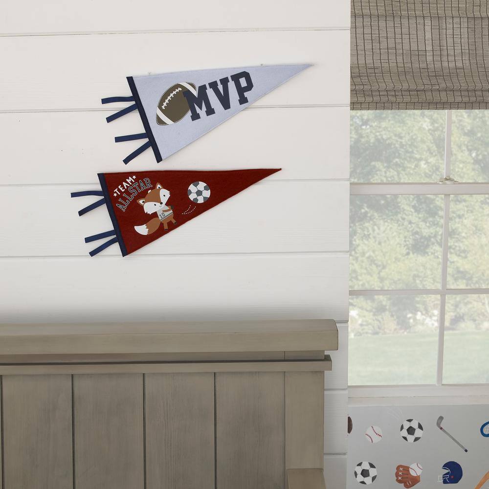 NoJo Team All Star Grey, Burgundy, Light Blue and Navy Fox and Football MVP Sporty 2-Pack Felt Pennants Wall Decor